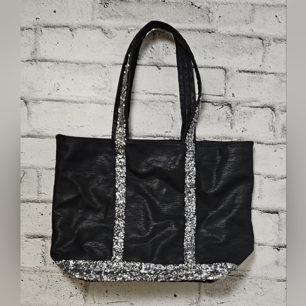 Bliss Black Faux Leather Tote Bag Silver Sequin Trim Glam Shoulder Bag